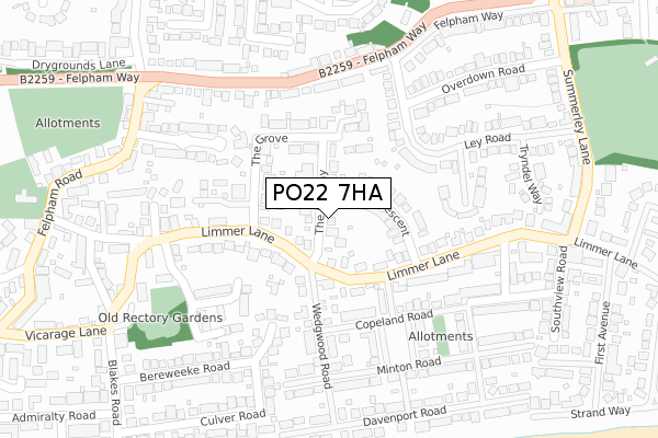PO22 7HA map - large scale - OS Open Zoomstack (Ordnance Survey)