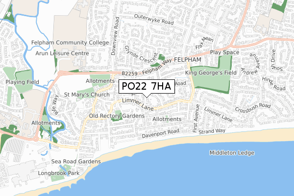 PO22 7HA map - small scale - OS Open Zoomstack (Ordnance Survey)