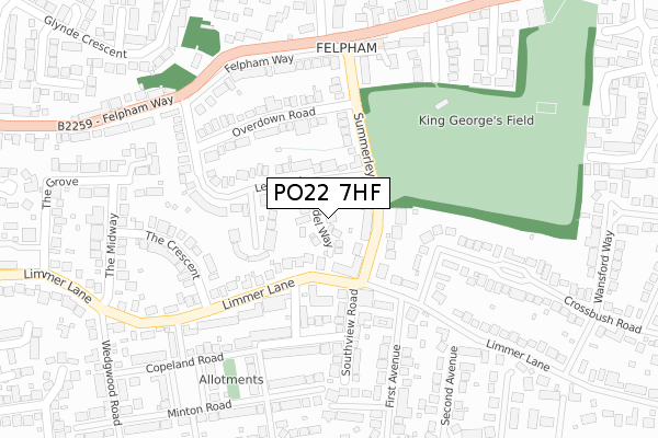 PO22 7HF map - large scale - OS Open Zoomstack (Ordnance Survey)