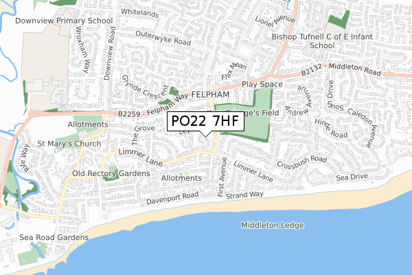 PO22 7HF map - small scale - OS Open Zoomstack (Ordnance Survey)