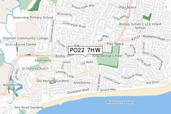 PO22 7HW map - small scale - OS Open Zoomstack (Ordnance Survey)
