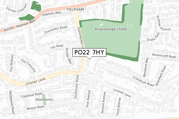 PO22 7HY map - large scale - OS Open Zoomstack (Ordnance Survey)
