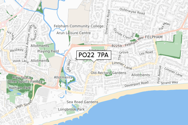 PO22 7PA map - small scale - OS Open Zoomstack (Ordnance Survey)