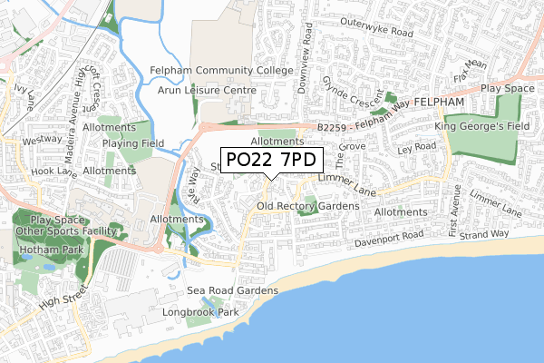 PO22 7PD map - small scale - OS Open Zoomstack (Ordnance Survey)