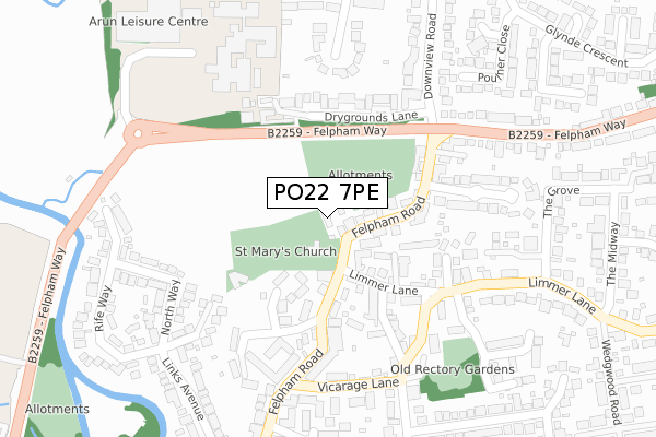 PO22 7PE map - large scale - OS Open Zoomstack (Ordnance Survey)