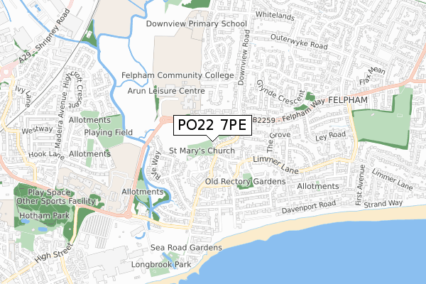 PO22 7PE map - small scale - OS Open Zoomstack (Ordnance Survey)