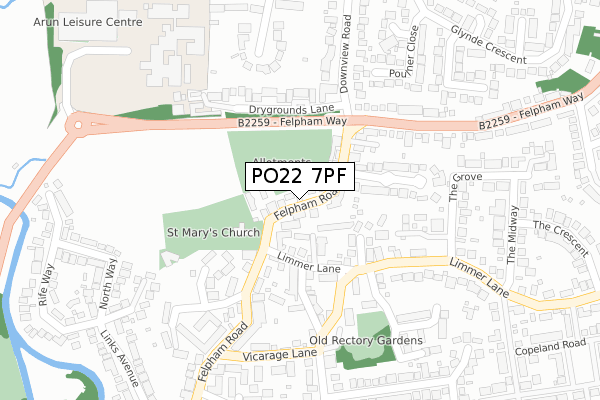 PO22 7PF map - large scale - OS Open Zoomstack (Ordnance Survey)