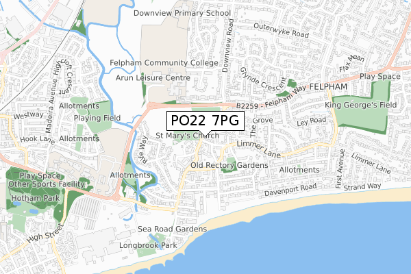 PO22 7PG map - small scale - OS Open Zoomstack (Ordnance Survey)