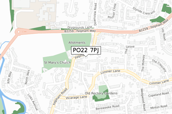 PO22 7PJ map - large scale - OS Open Zoomstack (Ordnance Survey)