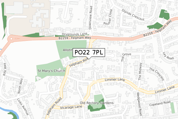 PO22 7PL map - large scale - OS Open Zoomstack (Ordnance Survey)
