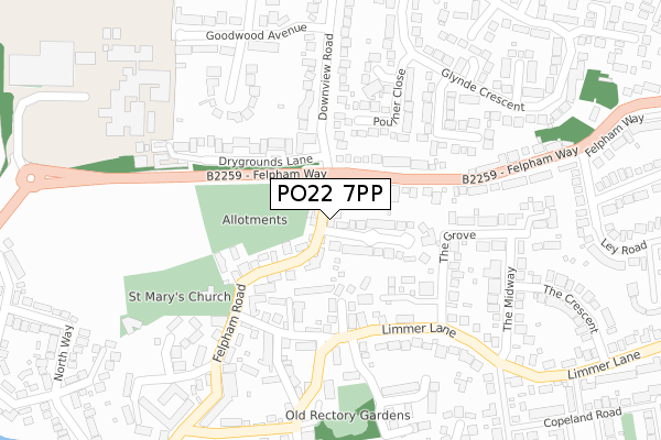 PO22 7PP map - large scale - OS Open Zoomstack (Ordnance Survey)