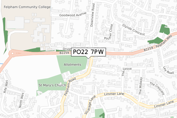PO22 7PW map - large scale - OS Open Zoomstack (Ordnance Survey)