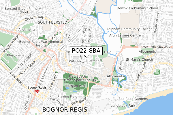 PO22 8BA map - small scale - OS Open Zoomstack (Ordnance Survey)