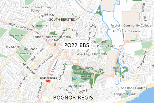 PO22 8BS map - small scale - OS Open Zoomstack (Ordnance Survey)