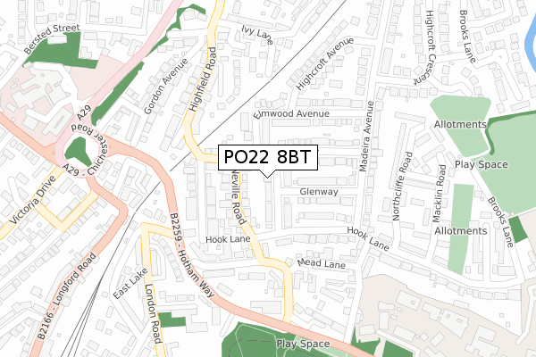 PO22 8BT map - large scale - OS Open Zoomstack (Ordnance Survey)