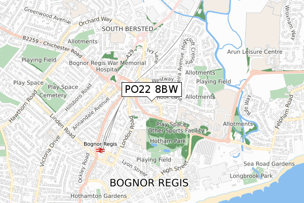 PO22 8BW map - small scale - OS Open Zoomstack (Ordnance Survey)