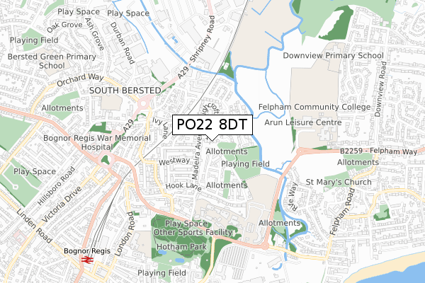 PO22 8DT map - small scale - OS Open Zoomstack (Ordnance Survey)