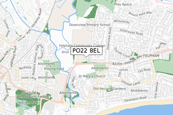 PO22 8EL map - small scale - OS Open Zoomstack (Ordnance Survey)