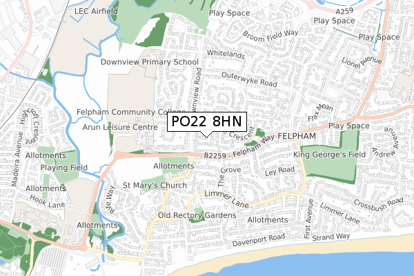 PO22 8HN map - small scale - OS Open Zoomstack (Ordnance Survey)
