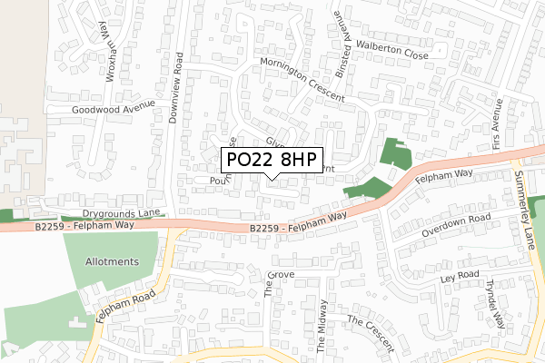 PO22 8HP map - large scale - OS Open Zoomstack (Ordnance Survey)