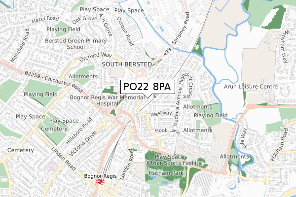 PO22 8PA map - small scale - OS Open Zoomstack (Ordnance Survey)