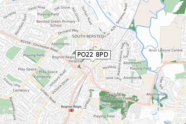 PO22 8PD map - small scale - OS Open Zoomstack (Ordnance Survey)