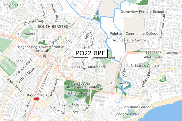 PO22 8PE map - small scale - OS Open Zoomstack (Ordnance Survey)