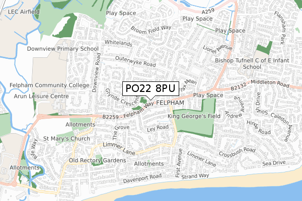 PO22 8PU map - small scale - OS Open Zoomstack (Ordnance Survey)