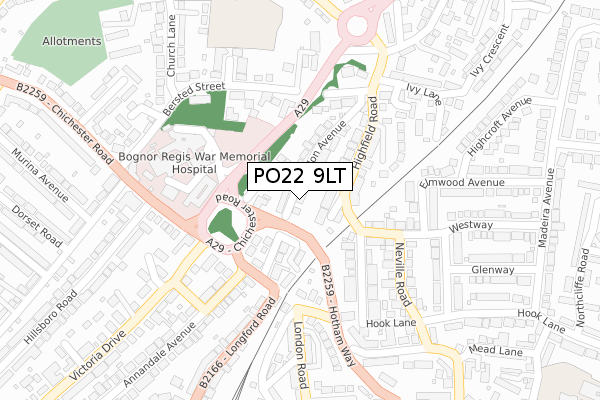 PO22 9LT map - large scale - OS Open Zoomstack (Ordnance Survey)