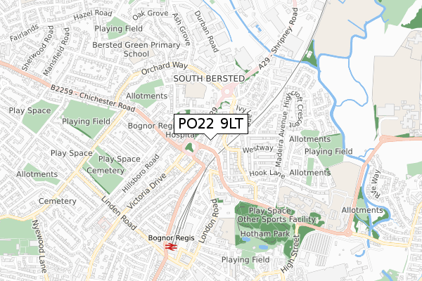 PO22 9LT map - small scale - OS Open Zoomstack (Ordnance Survey)