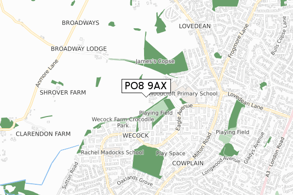 PO8 9AX map - small scale - OS Open Zoomstack (Ordnance Survey)
