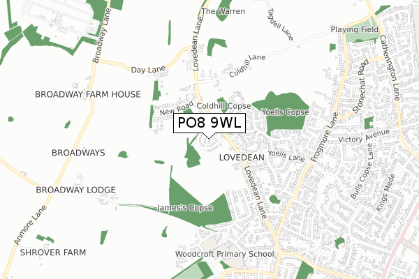 PO8 9WL map - small scale - OS Open Zoomstack (Ordnance Survey)