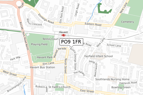 PO9 1FR map - large scale - OS Open Zoomstack (Ordnance Survey)