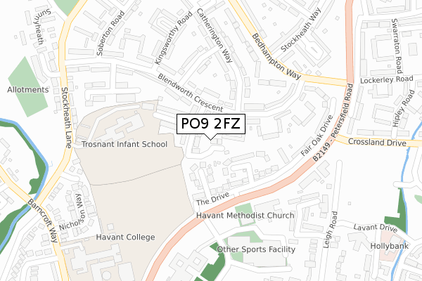 PO9 2FZ map - large scale - OS Open Zoomstack (Ordnance Survey)