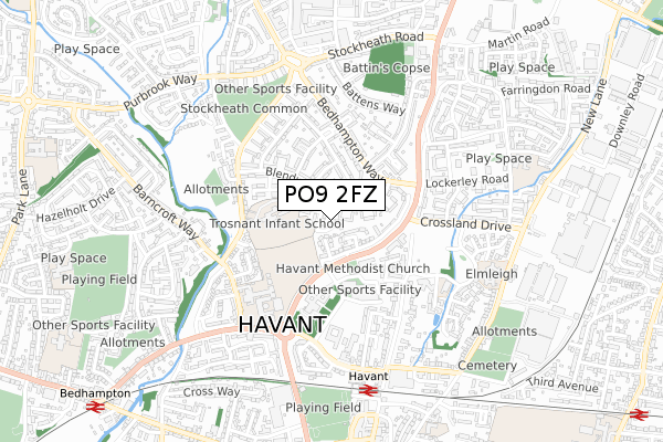 PO9 2FZ map - small scale - OS Open Zoomstack (Ordnance Survey)
