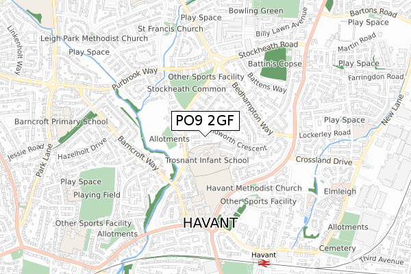 PO9 2GF map - small scale - OS Open Zoomstack (Ordnance Survey)