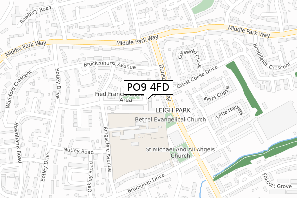 PO9 4FD map - large scale - OS Open Zoomstack (Ordnance Survey)