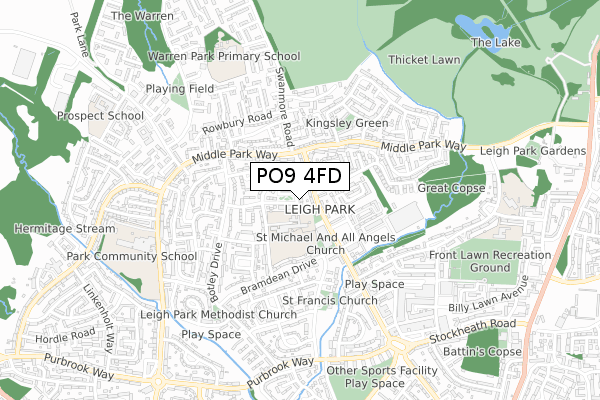 PO9 4FD map - small scale - OS Open Zoomstack (Ordnance Survey)