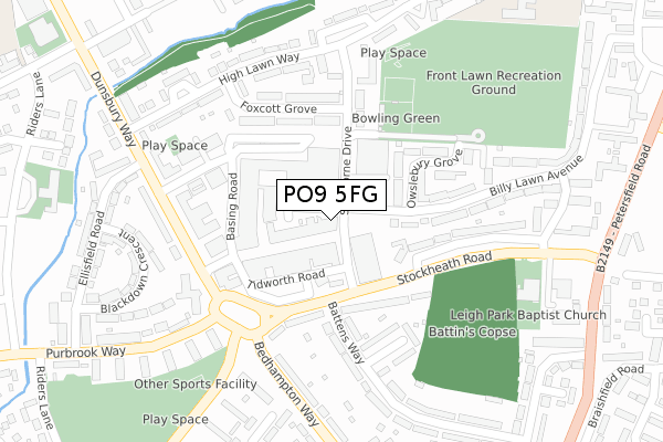 PO9 5FG map - large scale - OS Open Zoomstack (Ordnance Survey)