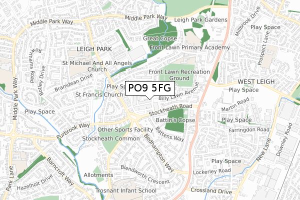 PO9 5FG map - small scale - OS Open Zoomstack (Ordnance Survey)