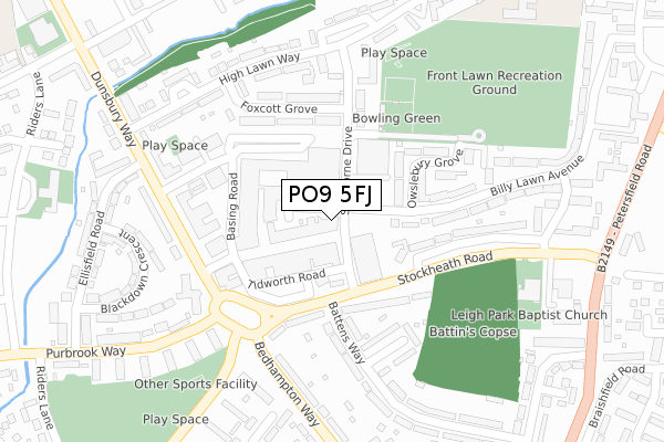 PO9 5FJ map - large scale - OS Open Zoomstack (Ordnance Survey) PO9 5FJ map - large scale - OS Open Zoomstack (Ordnance Survey)