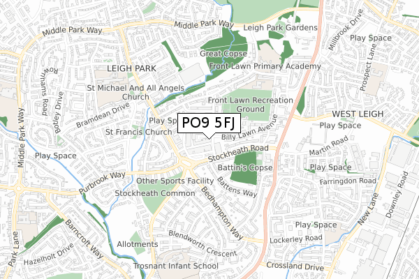 PO9 5FJ map - small scale - OS Open Zoomstack (Ordnance Survey) PO9 5FJ map - small scale - OS Open Zoomstack (Ordnance Survey)