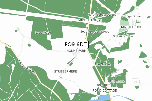 PO9 6DT map - small scale - OS Open Zoomstack (Ordnance Survey)