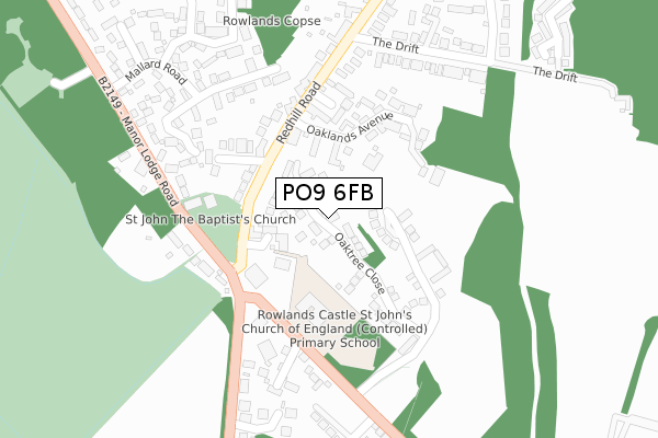 PO9 6FB map - large scale - OS Open Zoomstack (Ordnance Survey)