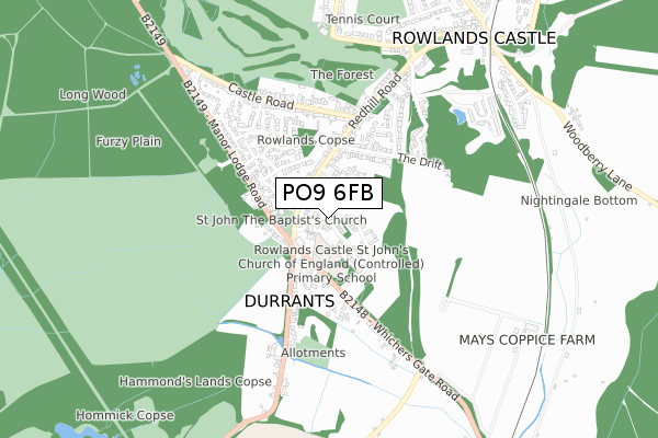 PO9 6FB map - small scale - OS Open Zoomstack (Ordnance Survey)