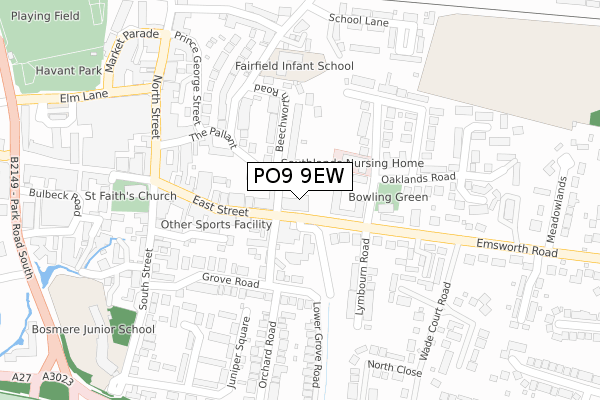 PO9 9EW map - large scale - OS Open Zoomstack (Ordnance Survey)