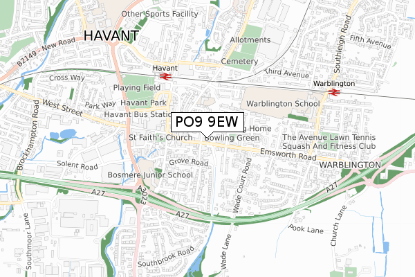 PO9 9EW map - small scale - OS Open Zoomstack (Ordnance Survey)