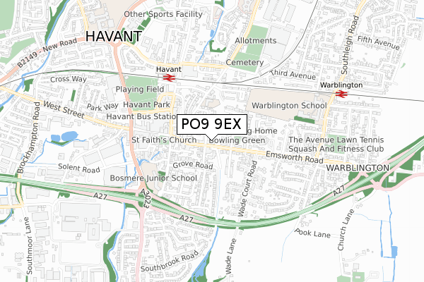 PO9 9EX map - small scale - OS Open Zoomstack (Ordnance Survey)