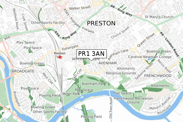 PR1 3AN map - small scale - OS Open Zoomstack (Ordnance Survey)