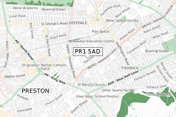 PR1 5AD map - small scale - OS Open Zoomstack (Ordnance Survey)